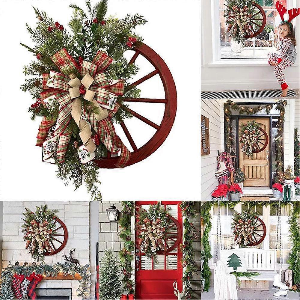 Festival Red Wheel Wreath Front Door Xmas Garland with Ribbon
