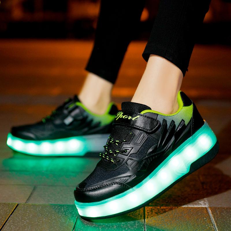 Фонарь для обуви, колесо для коньков, двойное колесо, спортивная обувь на плоской подошве, переключатель зарядки, обувь для бега для взрослых и детей 29-40, обувь для катания на роликах