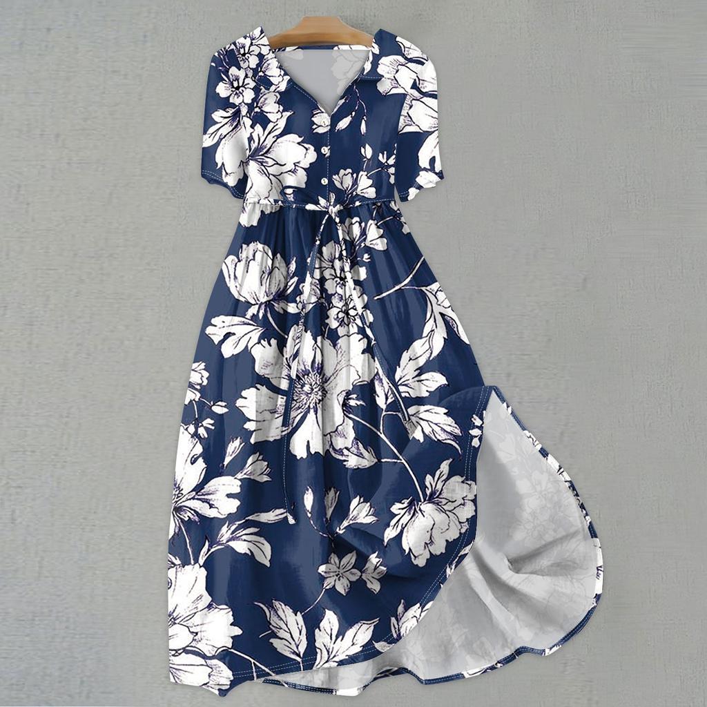 Женская мода повседневное платье с воротником с лацканами и короткими рукавами с принтом и ремнями