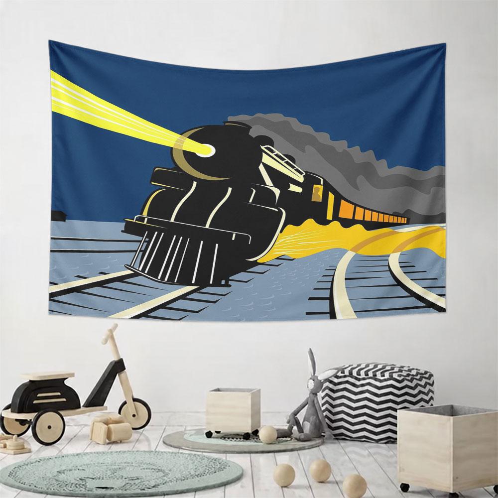 Vintage Night Train Illustration Pattern Wall Hanging Tapestry Decorative Tapestry Home Decor for Bedroom and Living Room