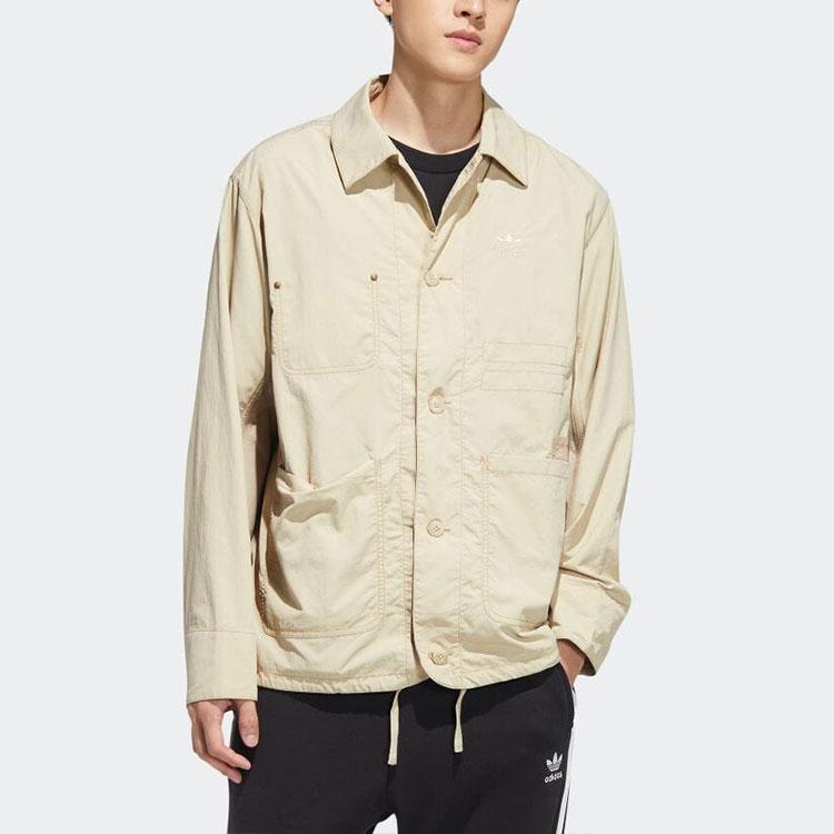 Adidas Originals Pure Color Single-Breasted Contrast Stitching Work Jacket Men Jackets Khaki HM8015