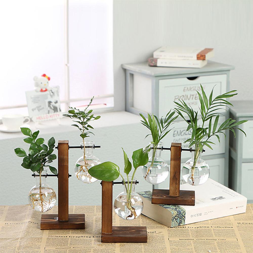 Creative Green Plants Wooden Frame Glass Vase Hydroponic Container Desktop Office Living Room Decoration