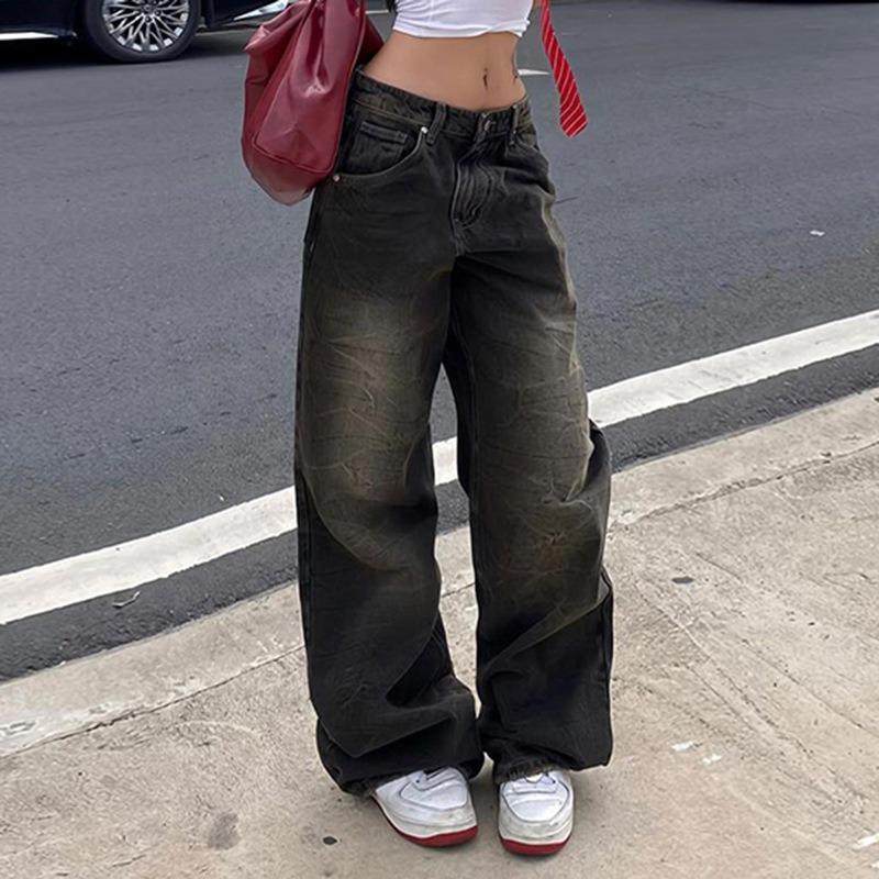 Женские ретро-брюки свободного кроя с высокой талией, уличные простые прямые повседневные брюки из текстурированной ткани, универсальные джинсы