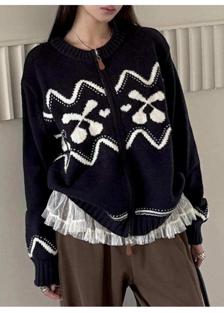 Women's Fair Isle Cashmere Jacquard Cardigan – Autumn/Winter, Thick, Round Neck, Zipper Wool Coat