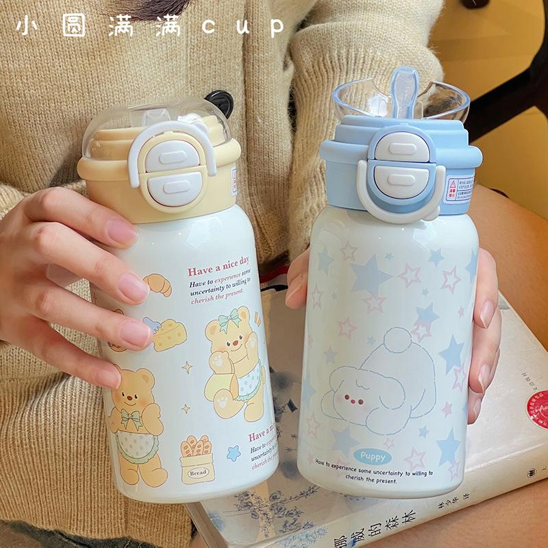 Thermos cup ins new girls high-value stainless steel cartoon straw cute kitten student portable water cup