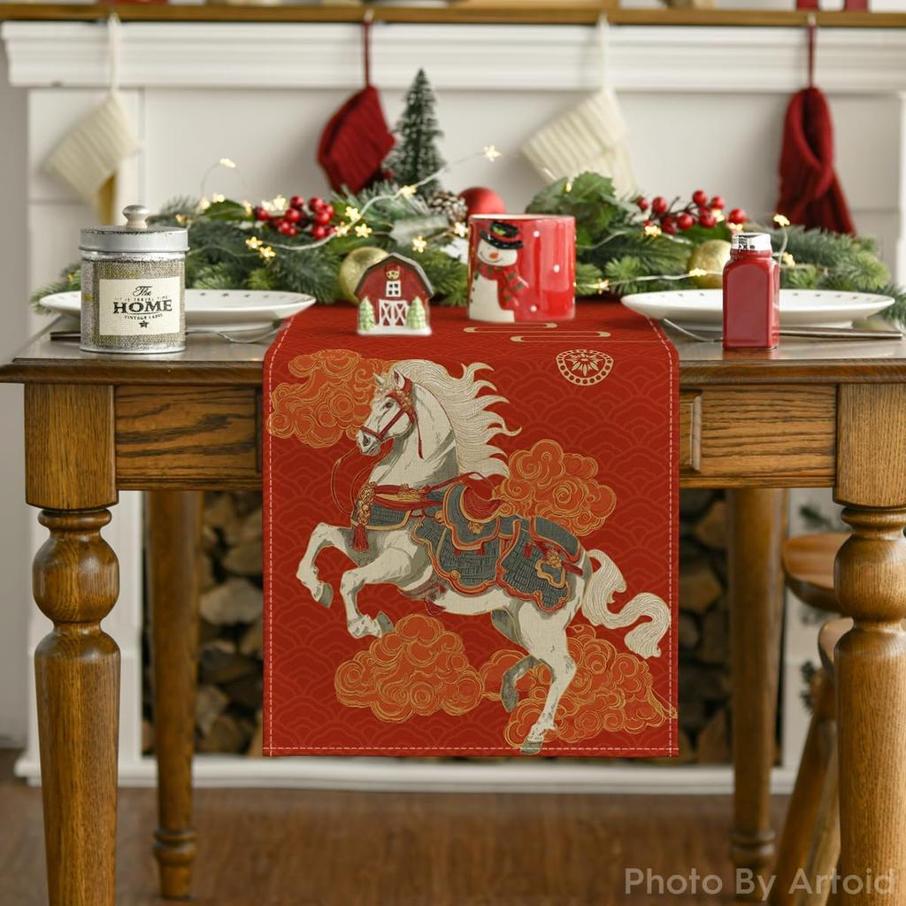 Artoid Mode Propitious Clouds Steeds Red Chinese Zodiac Horse Happy 2026 Lunar New Year Table Runner, Spring Festival Winter Kitchen Dining Table