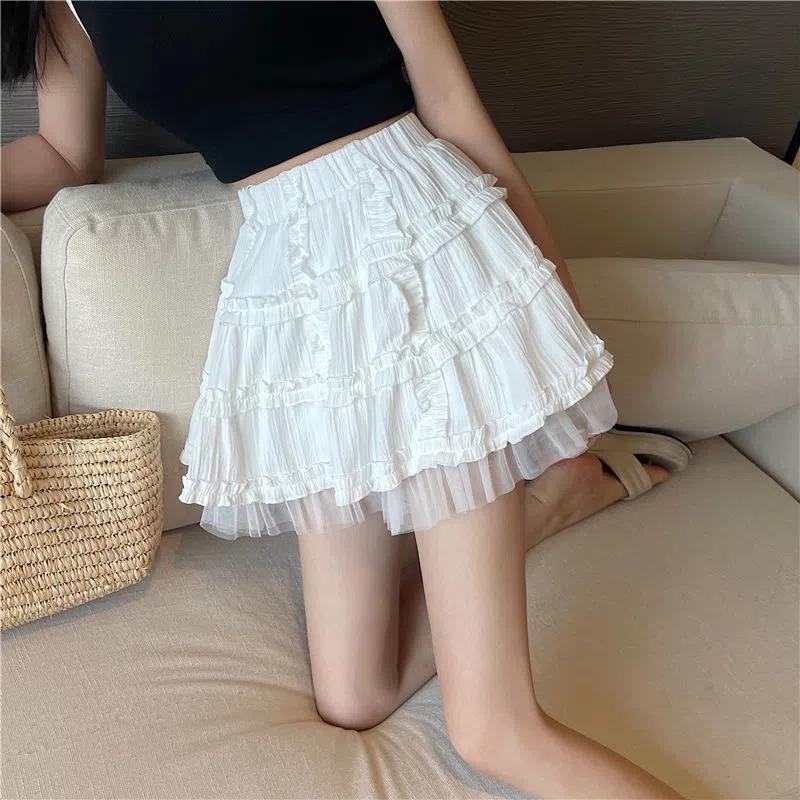 WTEMPO Kawaii мини-юбки женские Лолита кружевные оборки лоскутная черная юбка в консервативном стиле однотонные корейские юбки с высокой талией