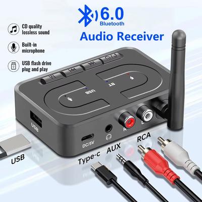 Беспроводной Аудио Адаптер Bluetooth 6.0 Приемник RCA 3.5mm AUX Jack Стерео Музыка Беспроводной Адаптер Поддержка Воспроизведения с USB-накопителя Автомобильный Комплект