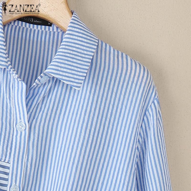 ZANZEA Women Stripe Print Casual Turn Down Collar 3/4 Sleeve Blouse