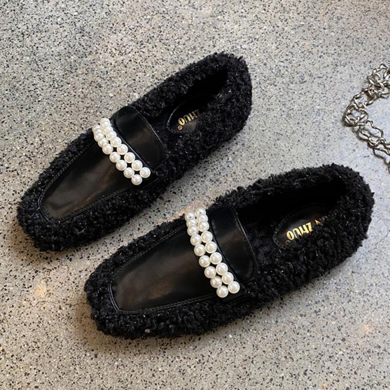 Модные туфли на плоской подошве из овечьей шерсти с квадратным носком, зимние меховые туфли для беременных женщин, балетки с бусинами, мокасины из вьющейся овечьей шерсти