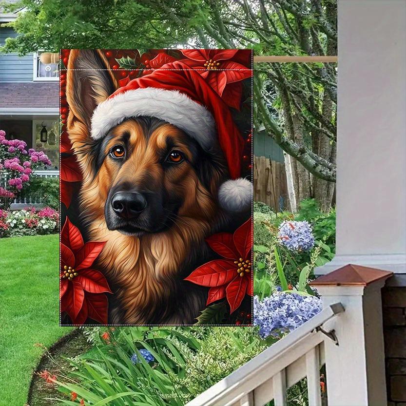 1PC Double-Sided Christmas Dog with Santa Hat and Poinsettias Garden Flag, Polyester, Outdoor Lawn Decoration, No Electricity Needed