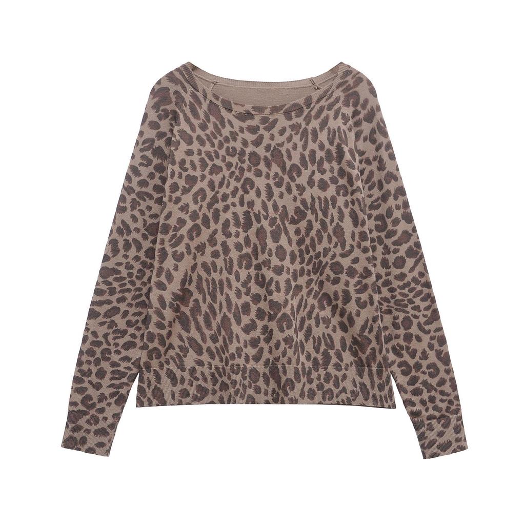 Women's Leopard Print Round Neck Long Sleeve Knit Sweater - European & American Style 2025 New Collection