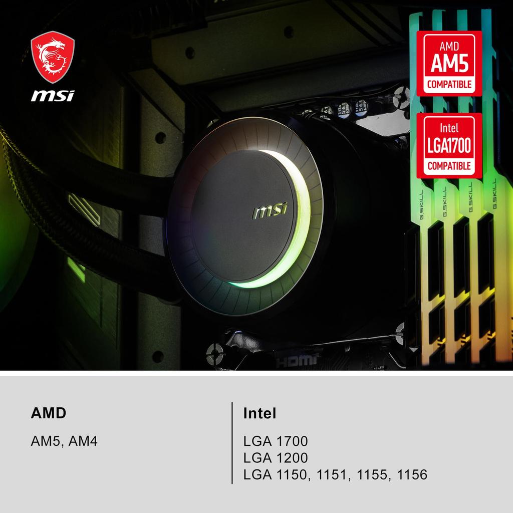 MSI MAG CoreLiquid E240 Черный - СЖО ARGB Жидкостное охлаждение процессора - Дизайн с вращающейся крышкой - Радиатор 240 мм - Два 120-мм ARGB PWM вентилятора - Совместимость с LGA