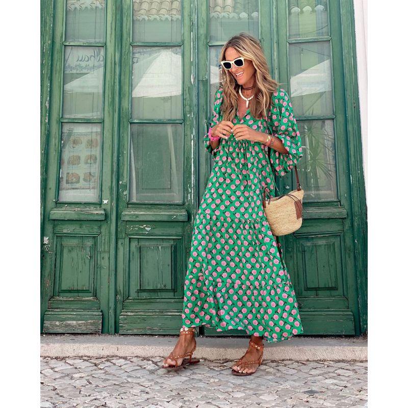 Модный дизайн, женское длинное платье с принтом, свободное платье макси с пышными рукавами в стиле бохо, женская одежда