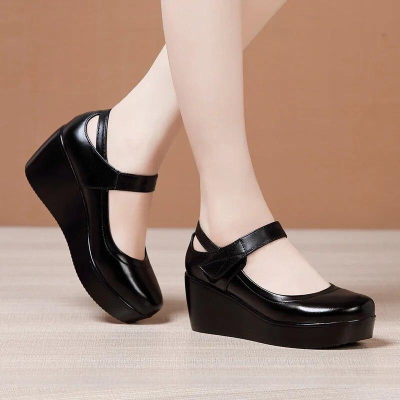 Round Toe Wedge Pumps Women Shoes Mary Jane Shoes Thick Bottom Leather Shoes Platform Pumps Fashion Brand Est Large Size