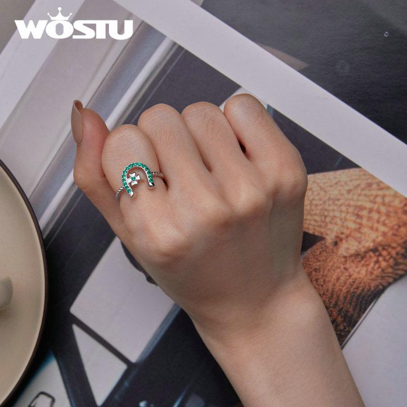 WOSTU настоящее серебро 925 пробы, зеленый цвет, блестящий циркон, подкова, витые открытые кольца для женщин, регулируемое кольцо с четырьмя листами клевера