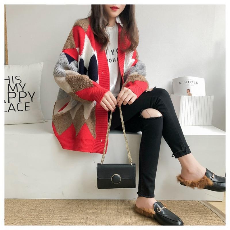 Autumn New Long Sleeve Argyle Knitted Sweater Jacket Women Winter Elegant Fashion Loose Woman Cardigans Sweaters Vintage Plus Size Knitwear Coat 24929