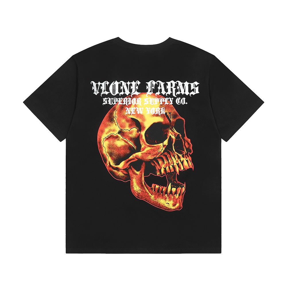 Vlone Летняя мужская и женская футболка оверсайз Farms с принтом пламени и черепа Streetwear