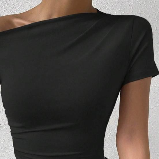 Женская летняя футболка с коротким рукавом, тонкая однотонная футболка с косым воротником, пуловер с боковыми сборками