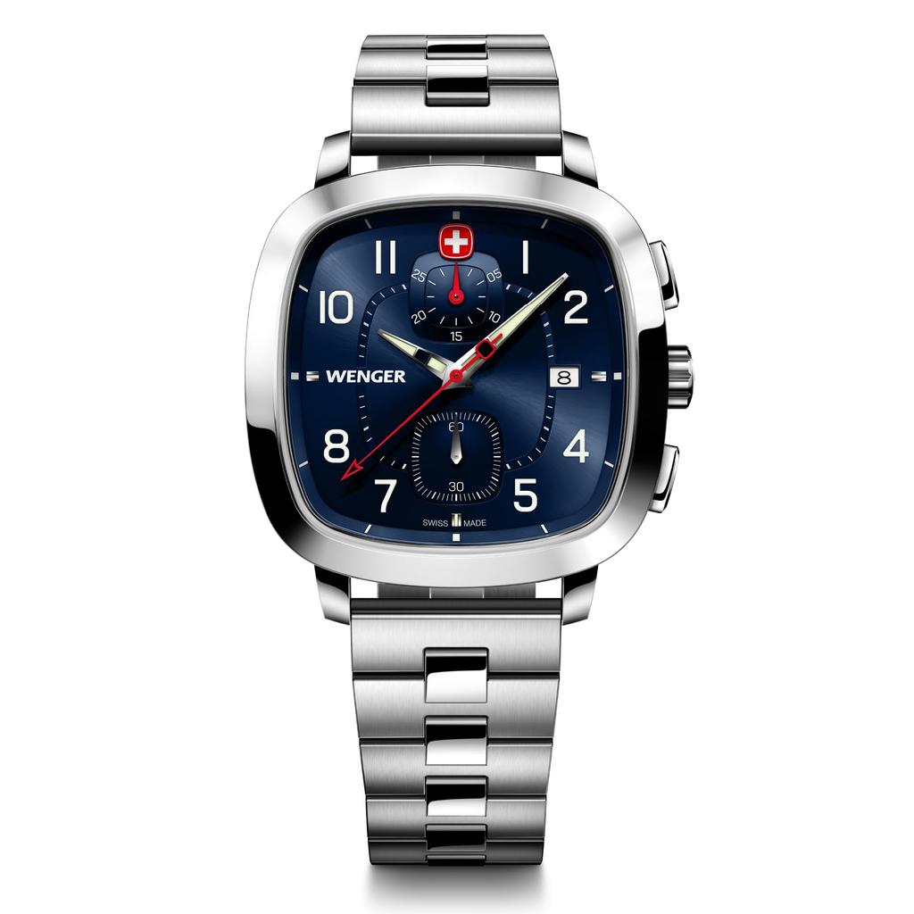 WENGER VINTAGE SPORT CHRONO Watch Chronograph Stainless Steel Case Blue Dial Silver Stainless Steel Bracelet Quartz 50m Water Resistant Gift Analog