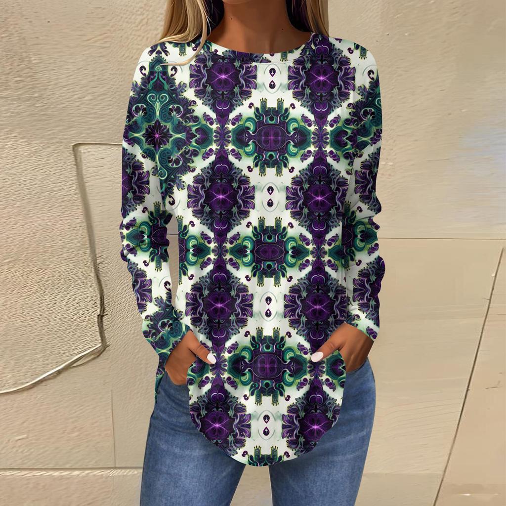 Рубашки для женщин Милые винтажные узоры с принтом Футболка с длинным рукавом Туника Топы Хлопковые пуловеры