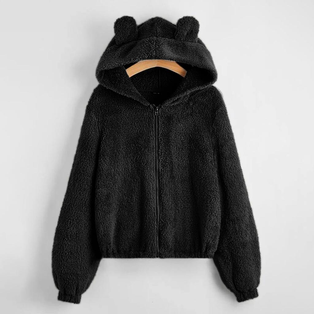 Женская флисовая однотонная толстовка с длинным рукавом, теплая куртка с капюшоном на молнии в форме медведя, нечеткое пальто с капюшоном