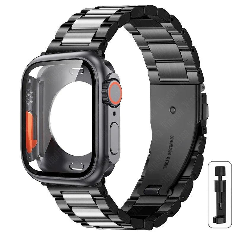 Ремешок+корпус из нержавеющей стали для Apple Watch 44мм 45мм 41мм 40мм Улучшенный ТПУ корпус Iwatch Series 9 8 7 6 SE 5 4 Металлический браслет