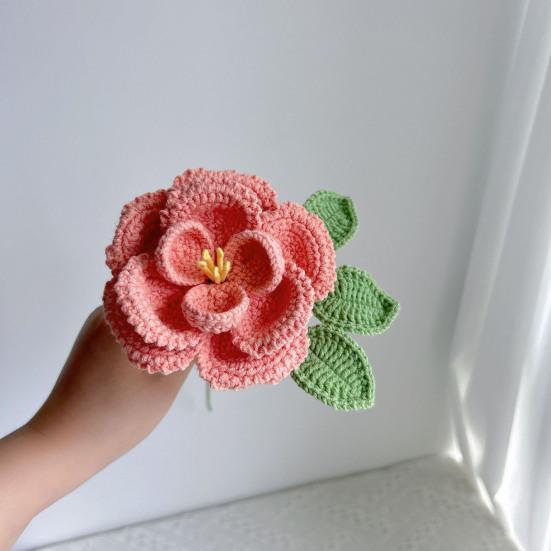 Ручная вязка крючком Цветок пиона Вязаный хлопковый букет пионов с листьями и длинным стеблем для свадебного домашнего декора Подарки на день рождения и годовщину