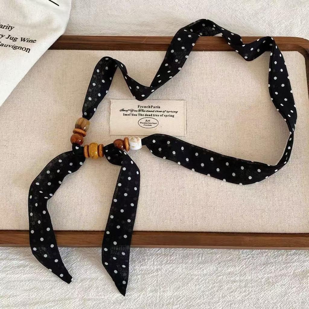 Retro polka dot beaded silk scarf necklace women's new niche design sense neck sweater chain stacked and worn outside