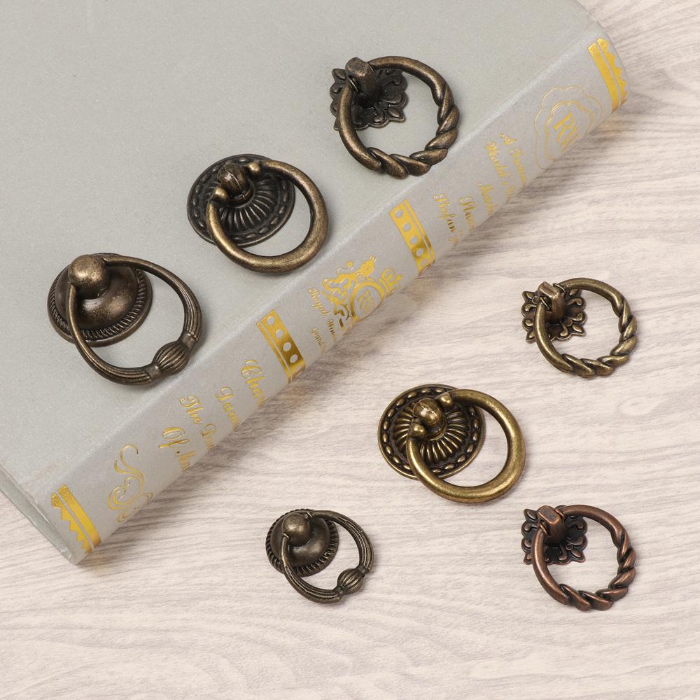 Ретро Ручка-кольцо для шкафа с узором Одно отверстие Бронзовые ручки Ручки для шкафа Мебельные ручки