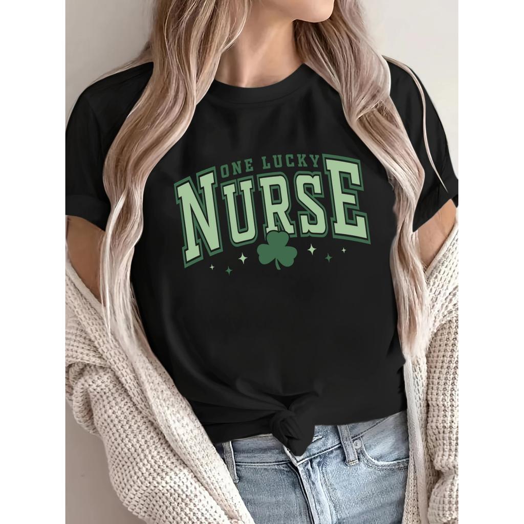 One Lucky Nurse Green Clover Print Women T-Shirt Summer Casual T Shirts Hip Hop Tee Top Loose Comfortable Woman Streetwear