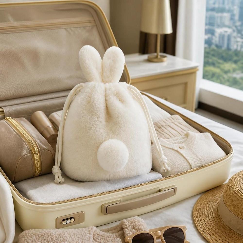 Fluffy Style Bunny Plush Pouch Large Capacity Rabbit Ear Bag Cosmetic Storage