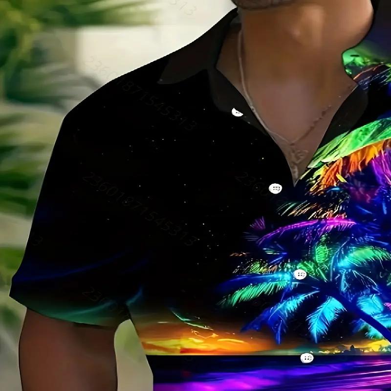 Men's Vibrant Tropical Sunset Pattern 3D Digital Print Button Hawaiian Short Sleeved Shirt Suitable for Casual Beach Wear
