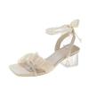 Mesh High Heels Women's Summer 2025 New Medium Heel Thick Heel Crystal Heel Pearl Ribbon Fairy Style Roman Sandals