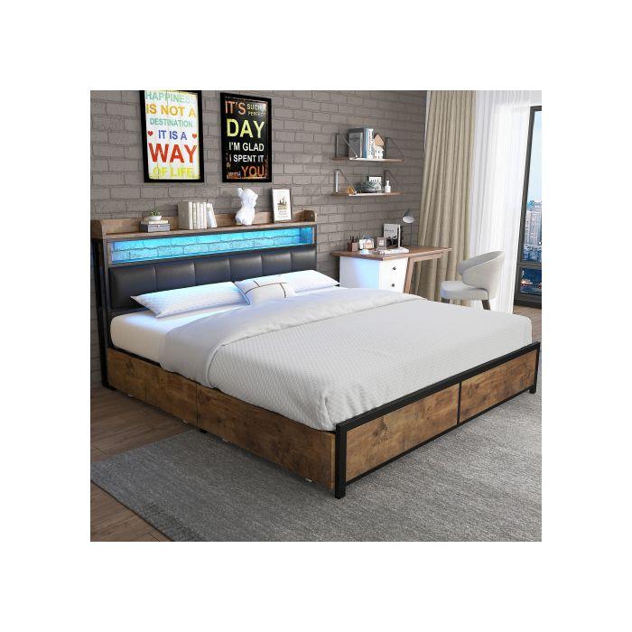 Lit - MUVOE - 140x200 - Rembourré - Tête de lit LED - 4 tiroirs de rangement - Noir