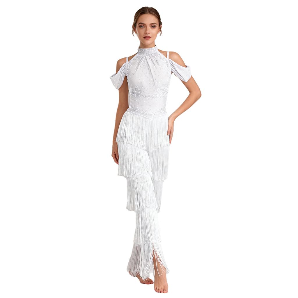 Женский комбинезон для латиноамериканских танцев и вечеринок S-XXL: Комбинезоны с вырезом на шее, открытыми плечами, без спинки, со стразами, многоярусной бахромой для Самбы, Румбы, Бальных танцев