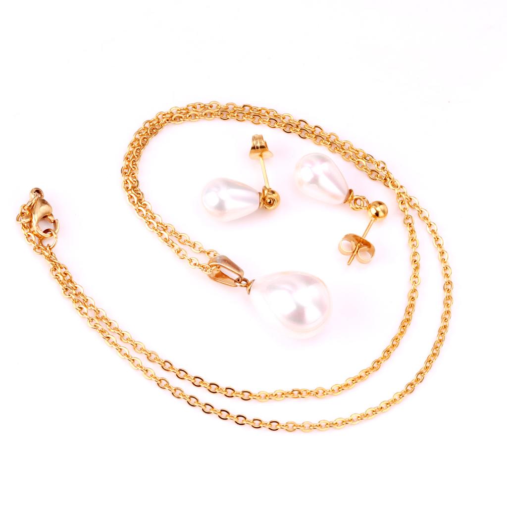 LUXUKISSKIDS Trendy Fake White Pearl Stainless Steel Chain Necklaces Earrings Sets For Women Indian Jewellry Set parures bijoux