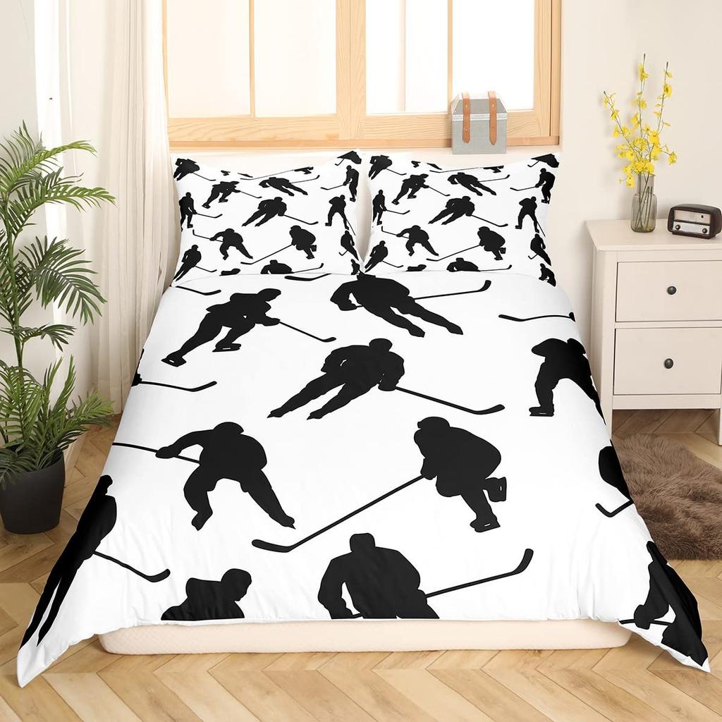 Ice Hockey Duvet Cover Twin Hockey Sports Player Bedding Set Winter Extreme Sports Game Comforter Cover Set Sports Arena Bedding