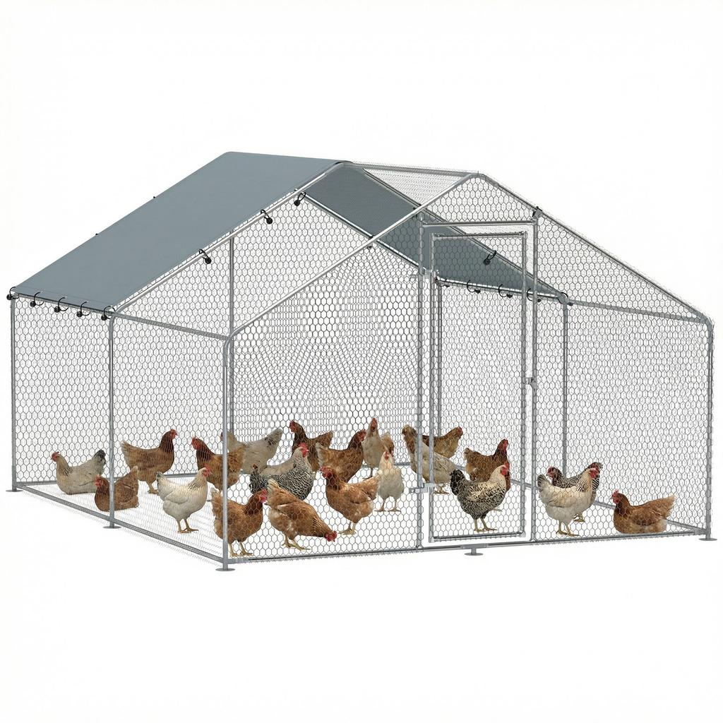 10.2m² Chicken Run for 10-15 Chickens with Waterproof Roof, Steel and Fabric, 3x3.4x1.9 m, Silver