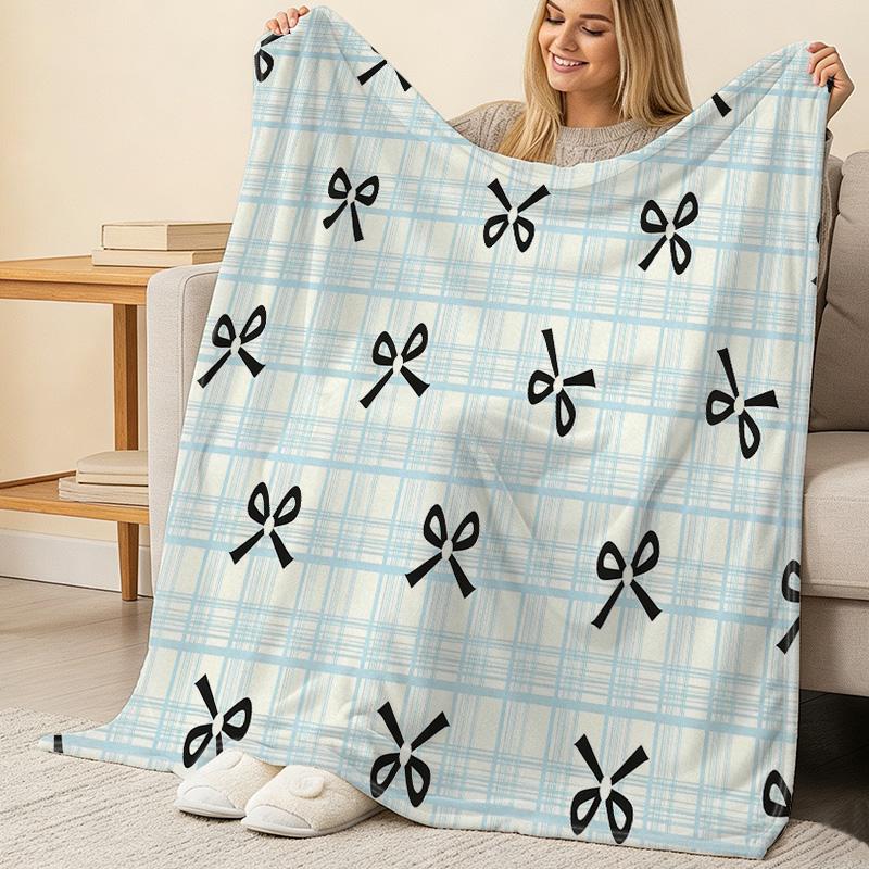 Flannel Blanket: Soft Warm Plush Throw with Bow Knot, High-Density Flannel, Cozy Home & Car Use, Ideal for Christmas, Halloween & Sweet Sleep Decor