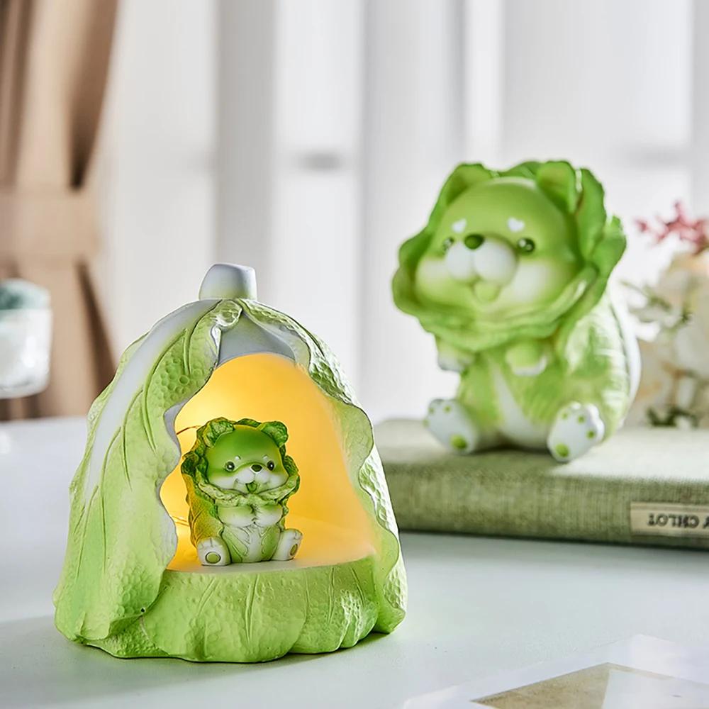 Aesthetic Miniature Cute Resin Vegetable Cabbage Dog Creative Animal Figurines Desktop Car Dashboard Home Decoration Gifts