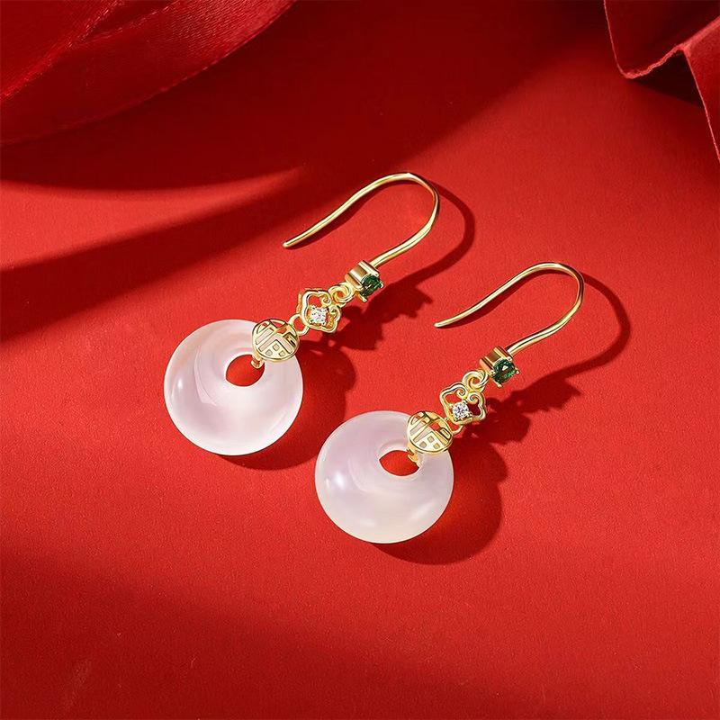 Sterling Silver S925 Natural White Chalcedony Earrings Light Luxury National Fashion Lucky Word Ruyi Peace Buckle Fashion Retro Ear Hook