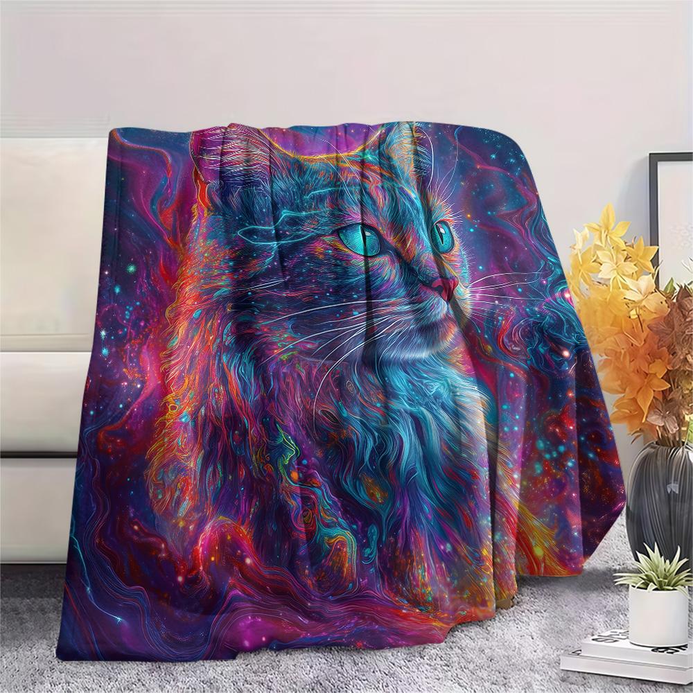 Neon Cats Print Flannel Blanket, High quality Comfortable for All Seasons, Home Decor, Warmth and Comfort