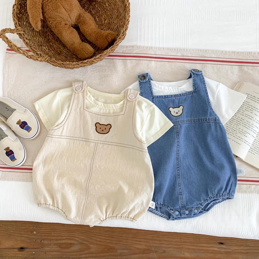 Unisex Baby Bear Denim Romper - Summer Snap Crotch Crawling Suit