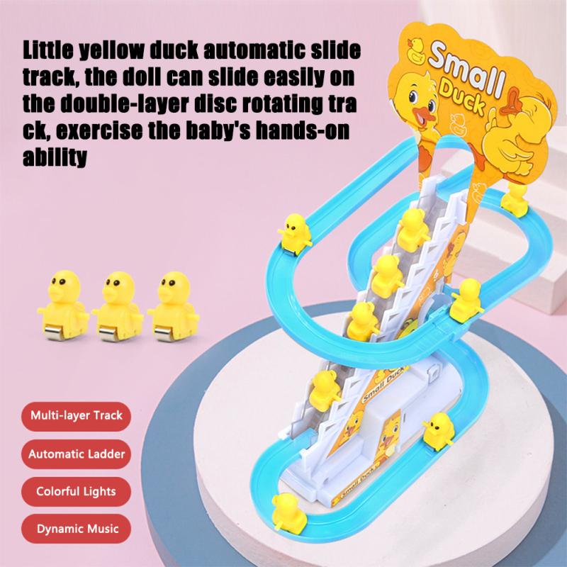 Little Yellow Duck Climb Stairs Toy Electric Track Slide Stairs Roller Coaster Toy With Led Lights