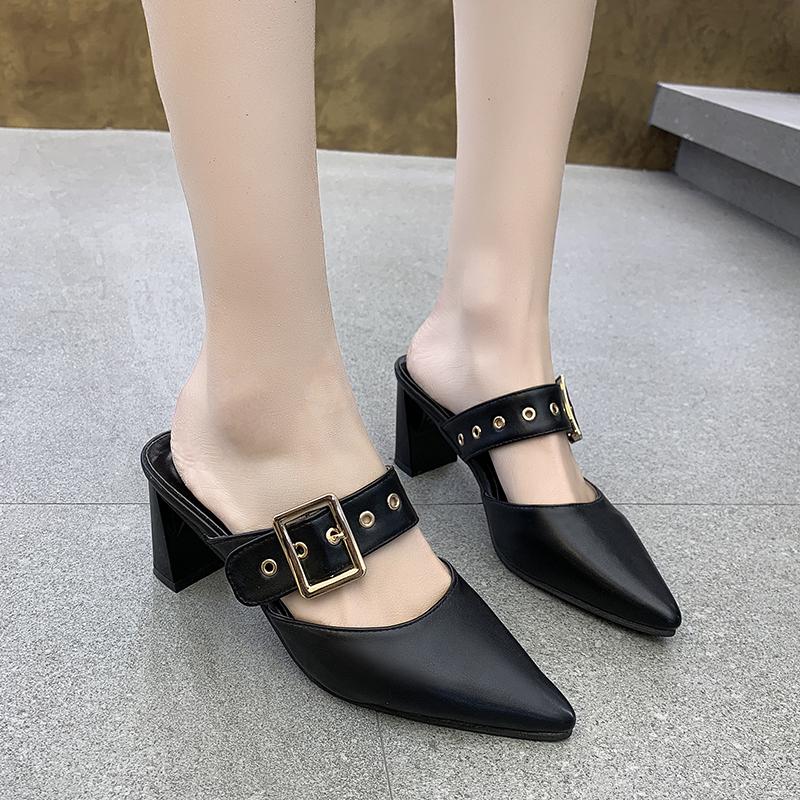 Летние туфли с острым носком и пряжкой на тонком каблуке, женские босоножки на высоком каблуке Baotou с открытой спиной