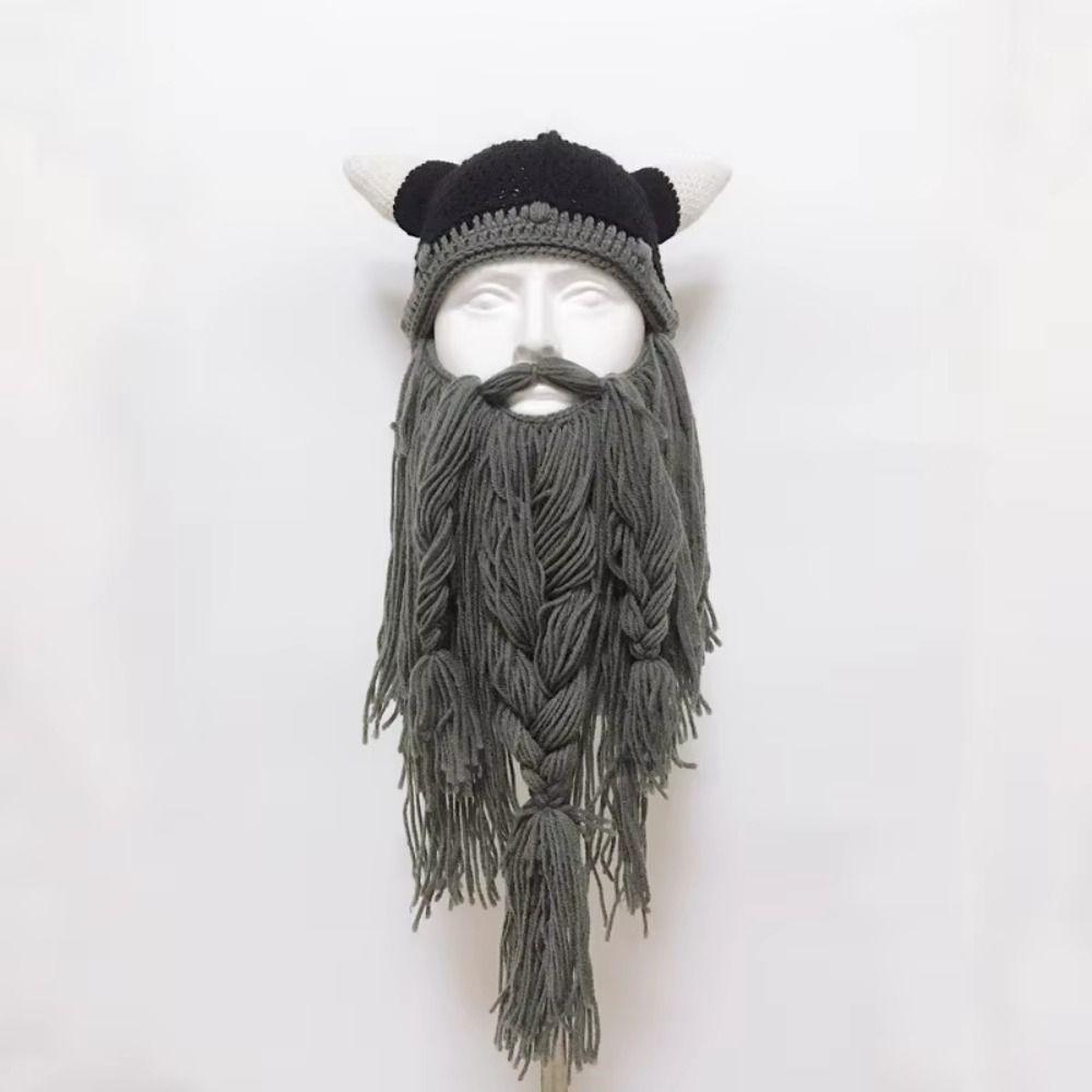 Horn Hat Viking Beard Beanie Handmade Knit Big Beard Mask Hat Wig Beard Hats Costume Accessory