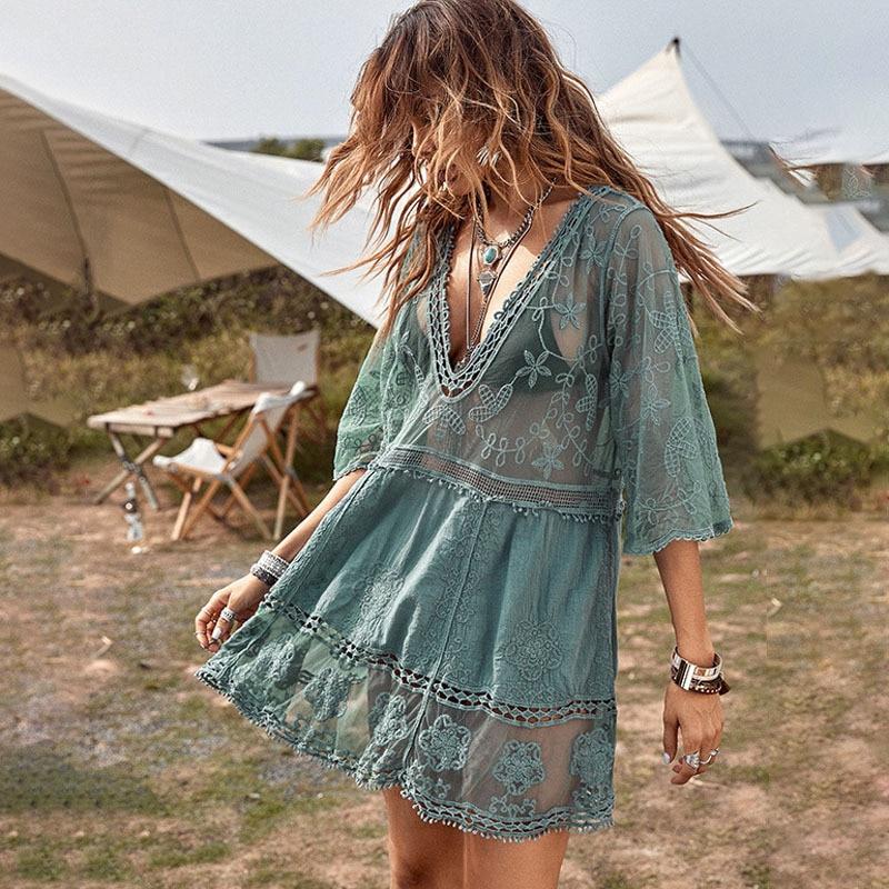 Летнее пляжное короткое платье с глубоким v-образным вырезом, женский прозрачный купальник, праздничное платье в стиле бохо, сексуальное кружевное платье, одежда 25800