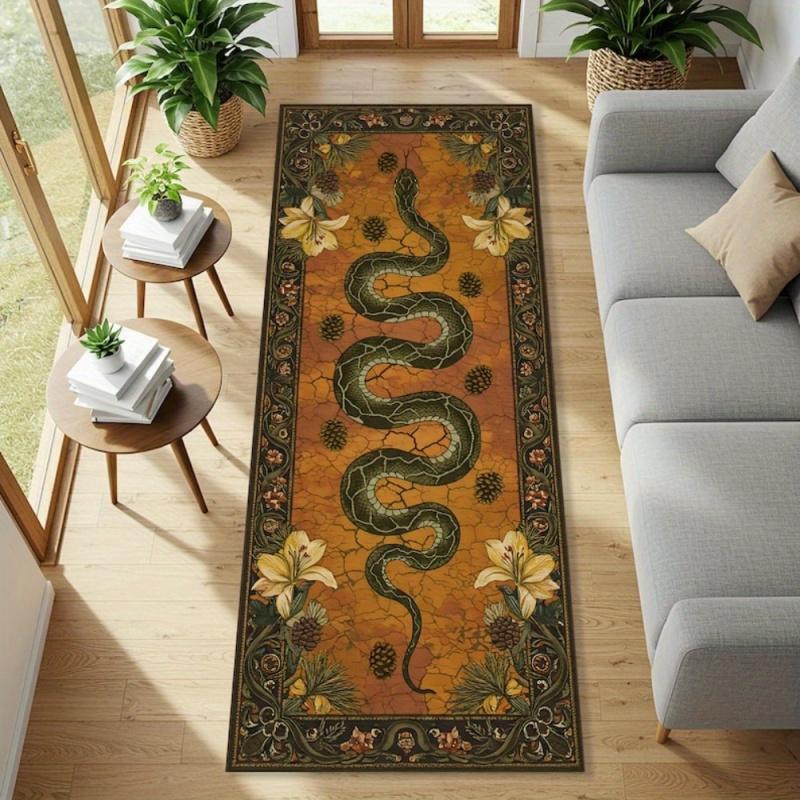 Vintage Snake & Floral Runner Rug, Non-Slip Washable Hallway Carpet, Gothic Serpent Botanical Print Floor Mat for Entrywa