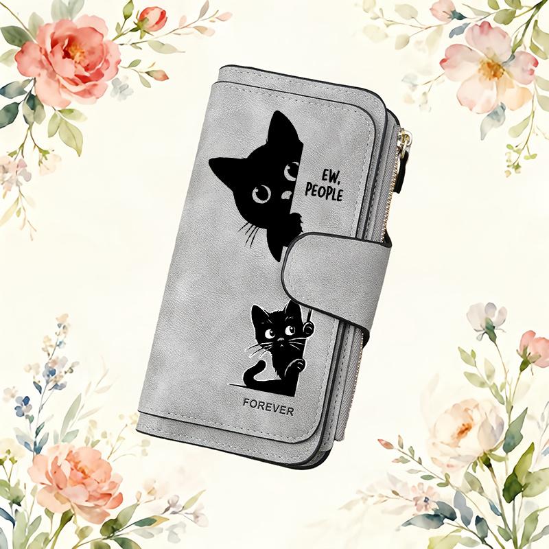 Elegant Black Striped Cat Print Womens Long Wallet Multifunctional Snap Button Coin Purse Minimalist Lined Interior Handwash Care Outdoor Travel Home